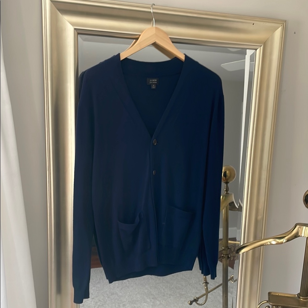 J. Crew Navy Cardigan Sweater V-Neck 100% Merino Wool